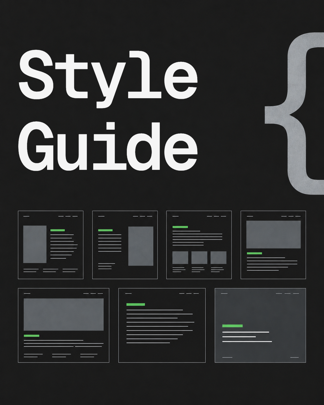 Style-Guide-Titelbild: Monospace-Überschrift, geschweifte Klammer und sieben Layouts